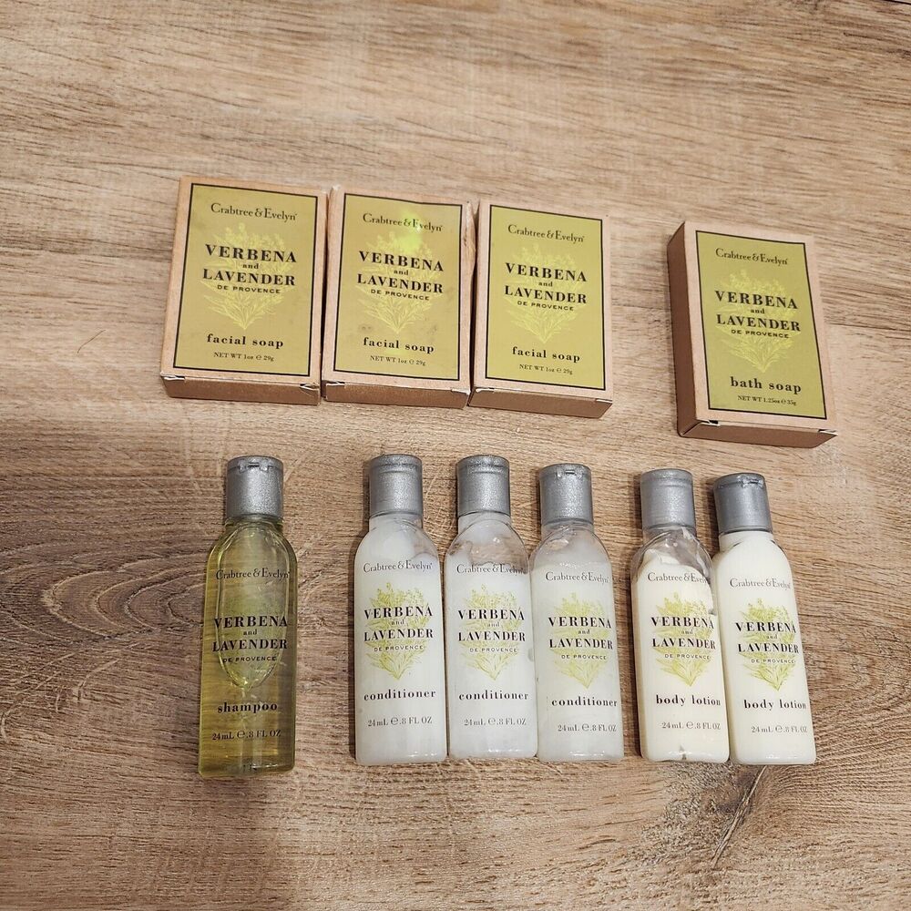 Crabtree & Evelyn VERBENA & LAVENDER 10 Pc Shampoo Conditioner Soap Travel Size